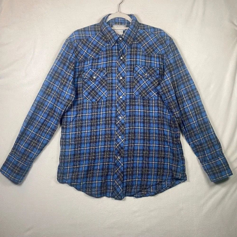 Wrangler Rancher Blue Plaid Pearl Snap Western Shirt Men’s L 100% Cotton